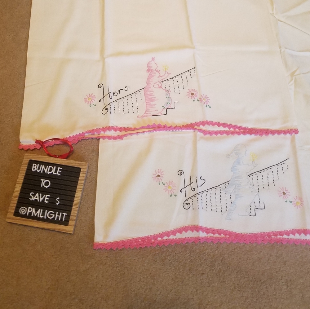 Vintage Pillowcases Set of 2 His & Hers Handmade